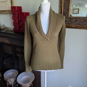 Y2K J.CREW Wmns XS Olive Green Mohair Wool Blend V-Neck Shawl Collar Sweater 152